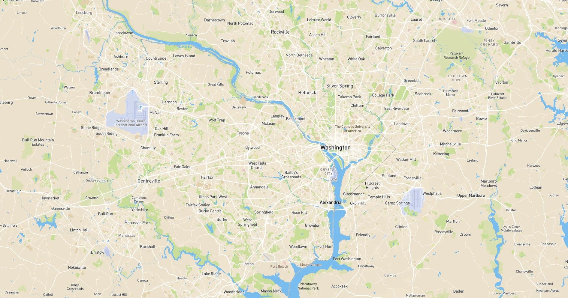 Service area map showing Northern Virginia, Maryland and Washington DC